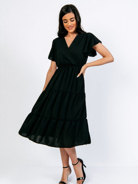 Boutique Καλοκαιρινό Midi Φόρεμα με Βολάν Μαύρο