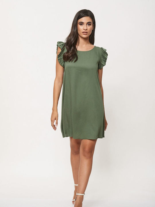 Ad'Oro Summer Mini Dress with Ruffle Khaki