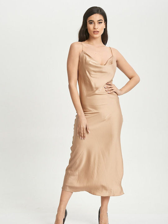 Ad'Oro Midi Evening Dress Slip Dress Draped with Slit Gold