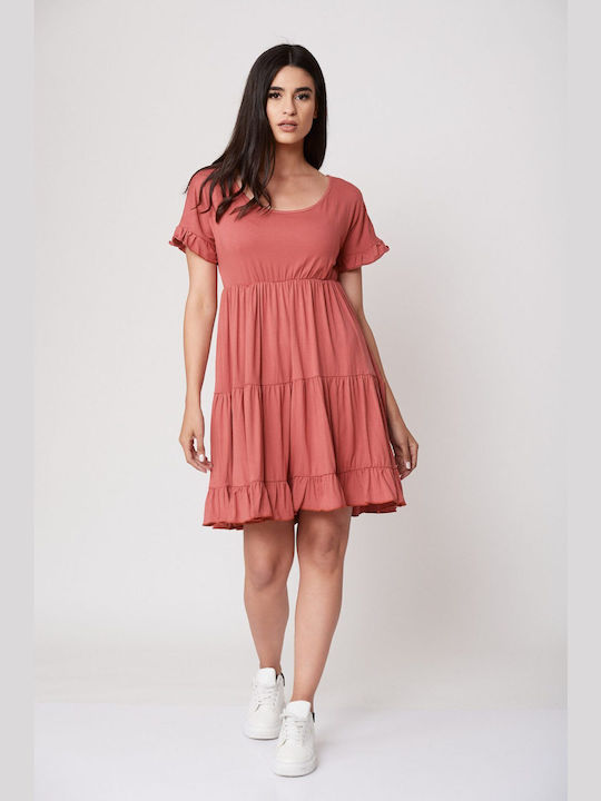 Ad'Oro Καλοκαιρινό Mini Φόρεμα με Βολάν Ροζ