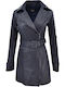 Δερμάτινα 100 Women's Long Lifestyle Leather Jacket for Winter Navy Blue