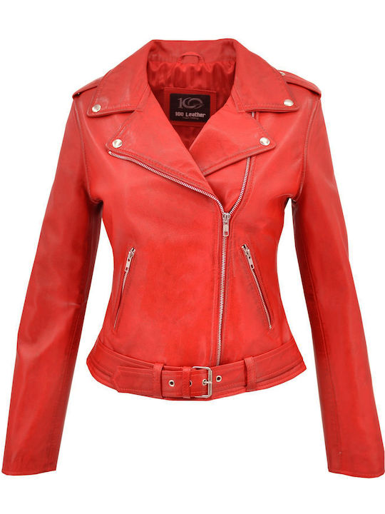 Women's Short Biker Leather Jacket for Winter Red