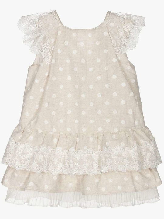 Sand-coloured Linen Παιδικό Φόρεμα Κοντομάνικο Λινό Πουά Μπεζ