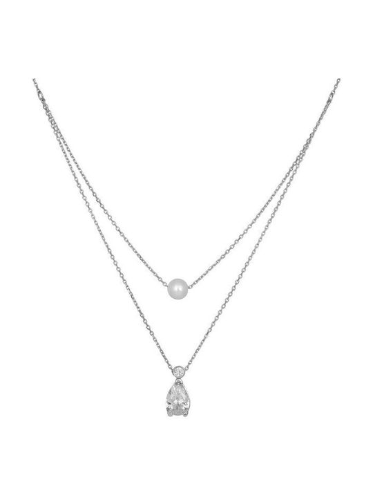 Necklace Double from White Gold 14K with Zircon