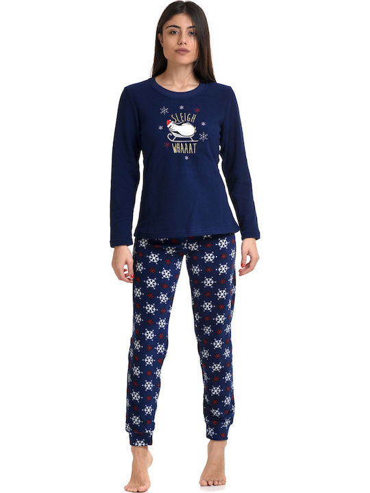 Vienetta Secret Χειμερινό Γυναικείο Σετ Πιτζάμας Fleece Μπλε Vienetta Vienetta