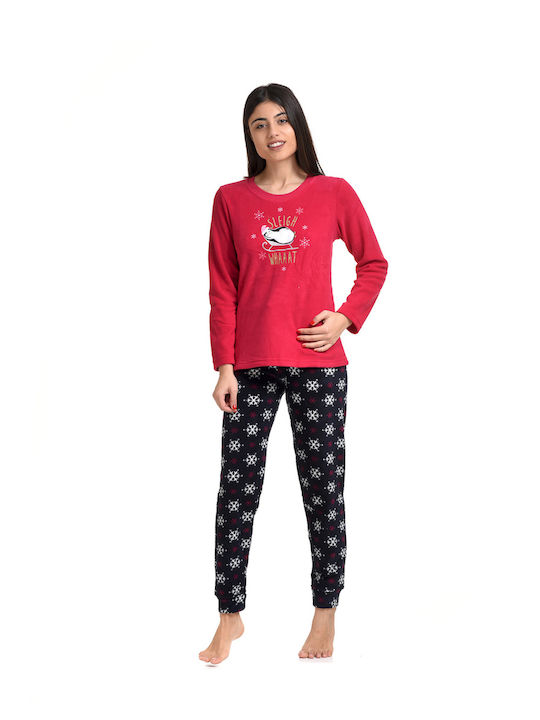 Vienetta Secret Winter Damen Pyjama-Set Vlies Rot Vienetta Vienetta