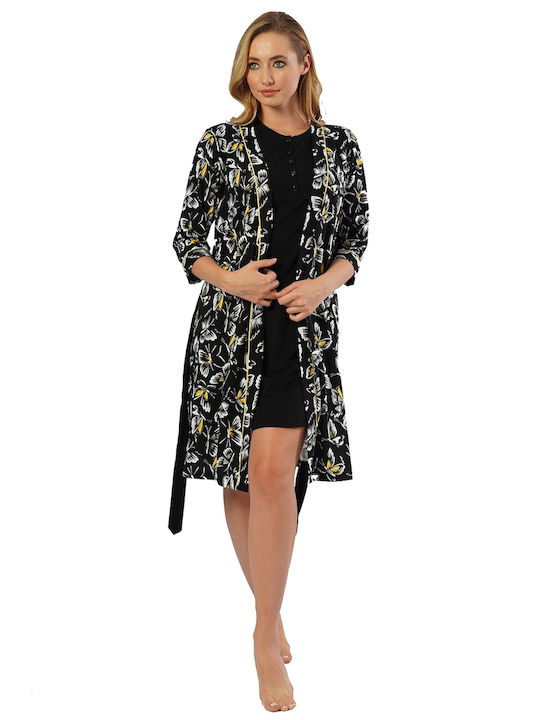 Vienetta Secret Winter Women's Cotton Robe with Nightdress Black Vienetta