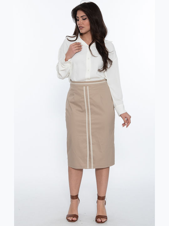 Korinas Fashion High Waist Midi Skirt Beige