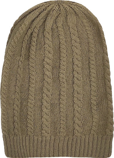 Beanie Unisex Σκούφος με Πλεξούδες σε Χακί χρώμα