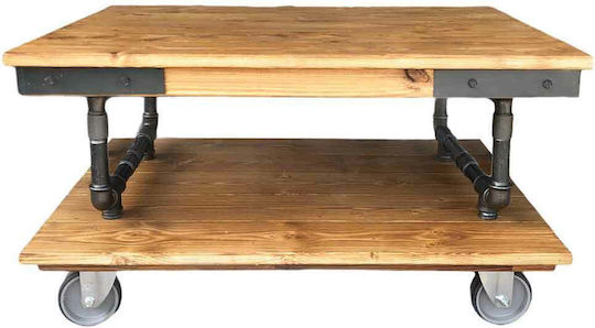 Quadratisches Zentral Kaffeetisch Lampadari Industrial aus Massivholz mit Rädern Beiges M80xL80xH45cm