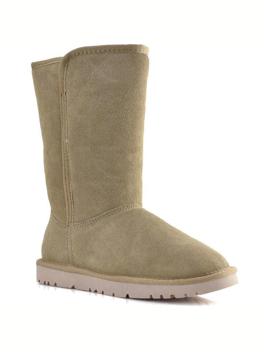 Kelara Leather Women's Boots with Fur Beige