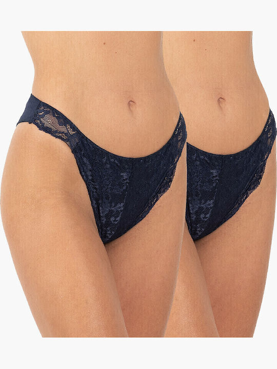 Aa-underwear Bikini Γυναικεία Slip 2Pack χωρίς Ραφές με Δαντέλα Navy Μπλε