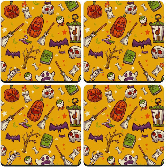 Koupakoupa Wooden Yellow Coasters Happy Halloween 4pcs