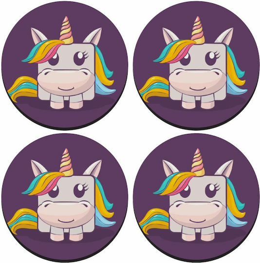 Koupakoupa Unicorns Cube Σουβέρ Στρογγυλό Ξύλινο Μωβ 4τμχ