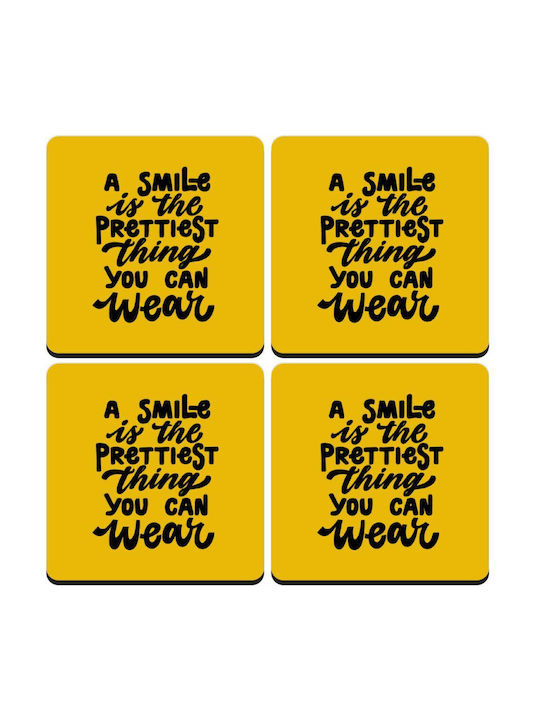 Koupakoupa Wooden Yellow Coasters A Smile Is Prettiest Thing You Can Wear 4pcs