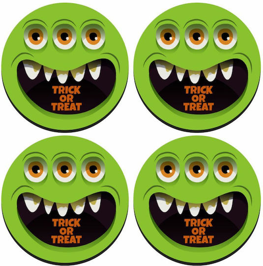 Koupakoupa Halloween Trick Treat 3 Eyes Monster Σουβέρ Στρογγυλό Ξύλινο Πράσινο 4τμχ