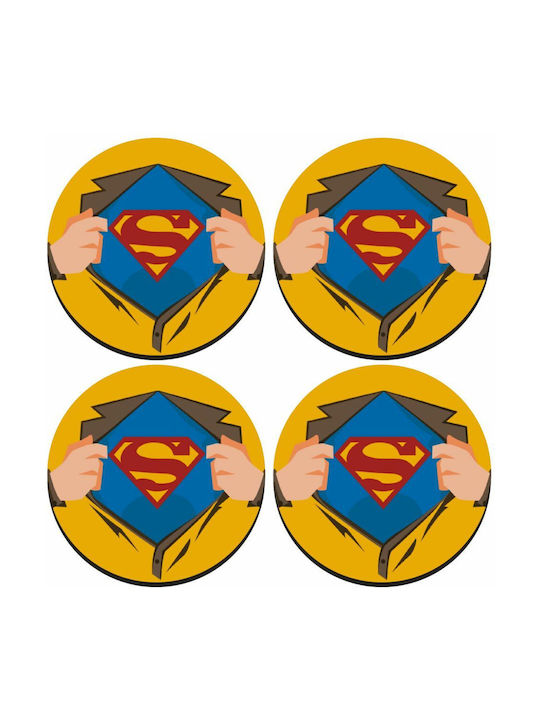 Koupakoupa Round Wooden Yellow Coasters Superman Hands 4pcs