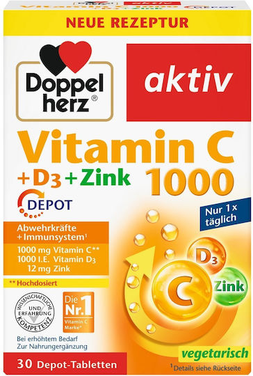 Doppelherz Βιταμίνες C + D3 για Ενίσχυση του Ανοσοποιητικού, τo Δέρμα & Αντιοξειδωτική δράση 1000iu 1000mg 30 ταμπλέτες
