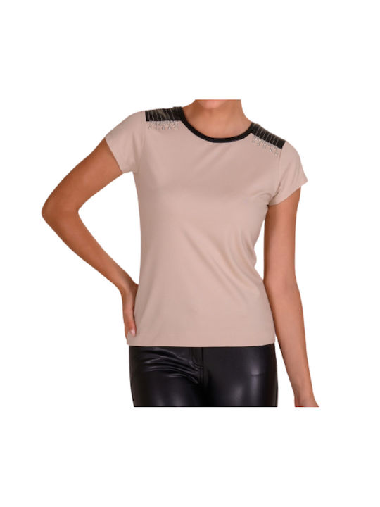 Derpouli Damen Bluse Kurzärmelig Beige