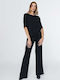 Damen Stoff Hose mit Gummizug Black