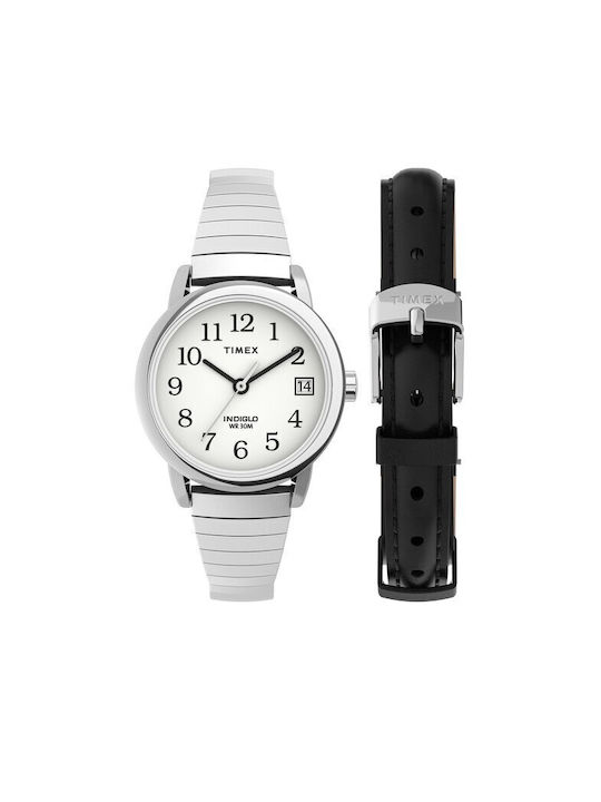 Timex Easy Reader Γυναικείο Ρολόι 25mm Μπαταρίας με Ασημί Μεταλλικό Μπρασελέ