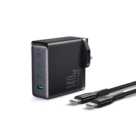 Joyroom Charger GaN with USB-A Port and 3 USB-C Ports and Cable USB-C 140W Power Delivery Blacks (JR-TCG05UK)