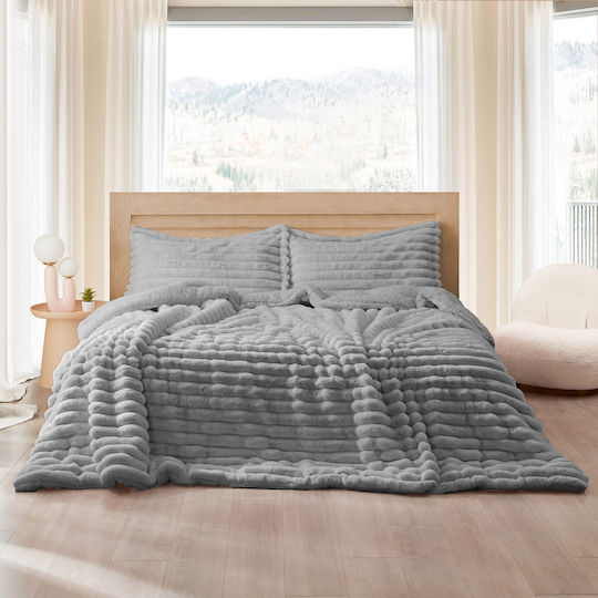 Saray Home Κουβερτοπάπλωμα Σετ Υπέρδιπλο 220x240εκ. Stripe Γκρί 3τμχ