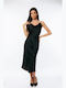 Summer Midi Evening Satin Drape Dress with Tearing Black