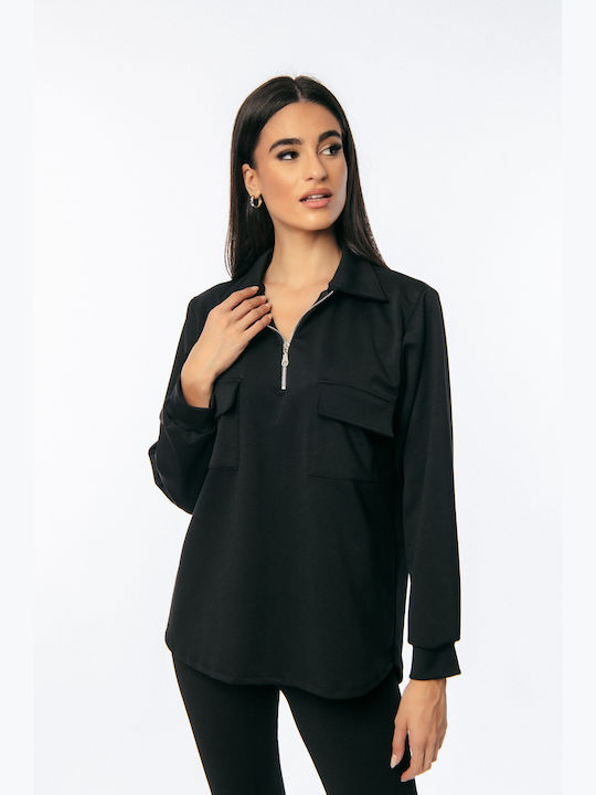 Dress Up Women's Blouse Long Sleeve with Zipper Black