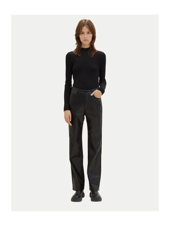 Tom Tailor Emma Women's Leather Trousers in Straight Line Black