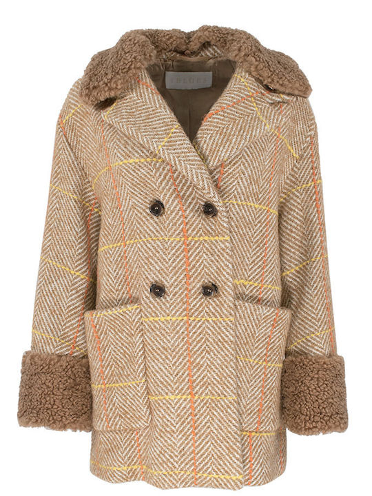 Curly Women's Checked Brown Peacoat with Buttons