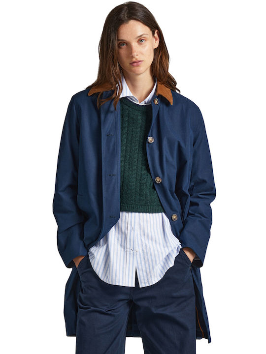 Pepe Jeans Women's Midi Coat with Buttons Blue