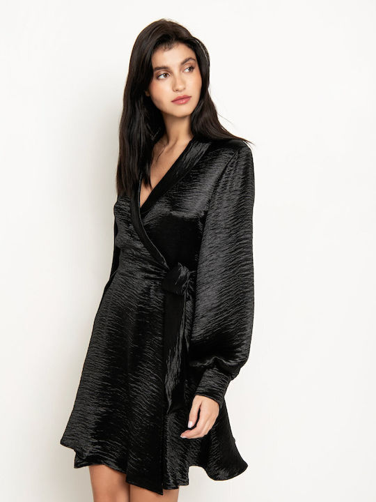 Mini Evening Dress Satin Wrap Black