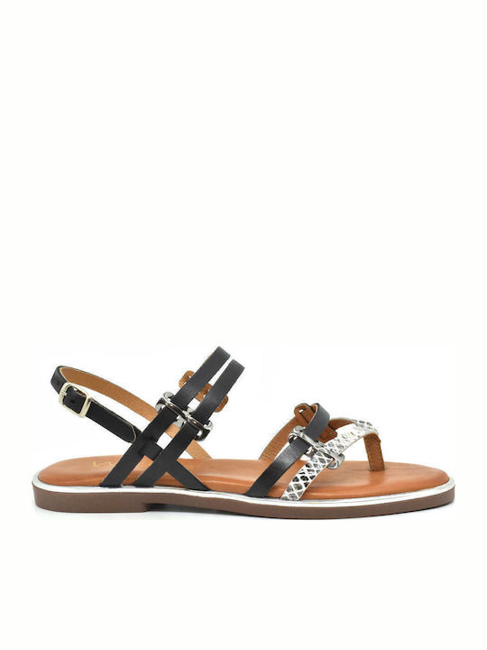 Leather Women's Flat Sandals in Black Color