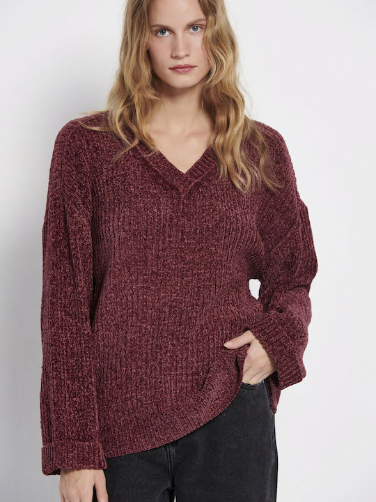 Funky Buddha Women's Long Sleeve Pullover with V Neck Burgundy