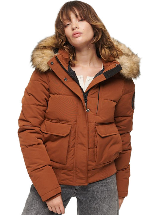 Superdry Everest Women's Short Puffer Jacket for Winter Bisque Brown