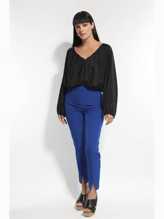 Women's High-waisted Fabric Trousers Regular Fit Blue