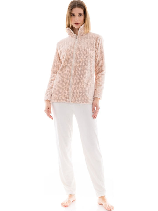 Pink Label Χειμερινή Γυναικεία Fleece Ρόμπα Εκρού (Ecru)