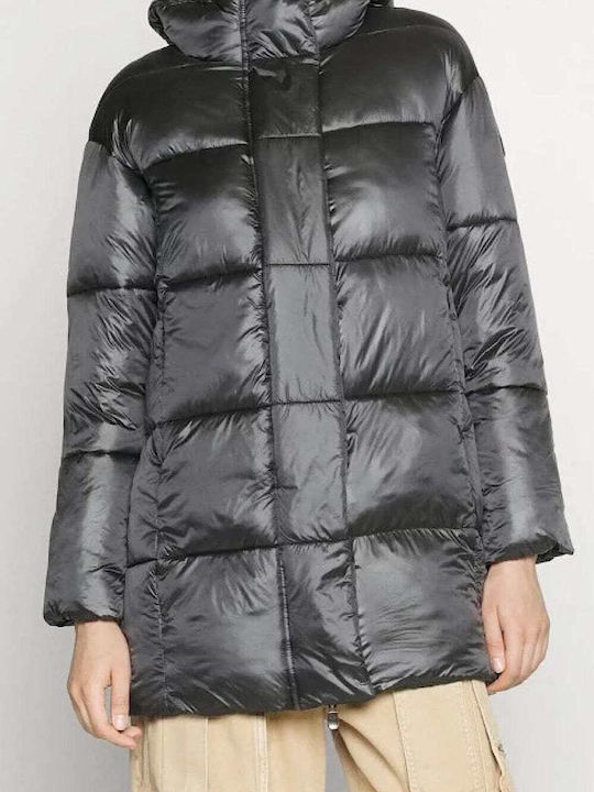 Save The Duck Women's Long Puffer Jacket for Winter with Hood Gray