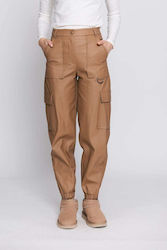 Moutaki Women's High-waisted Leather Cargo Trousers Beige