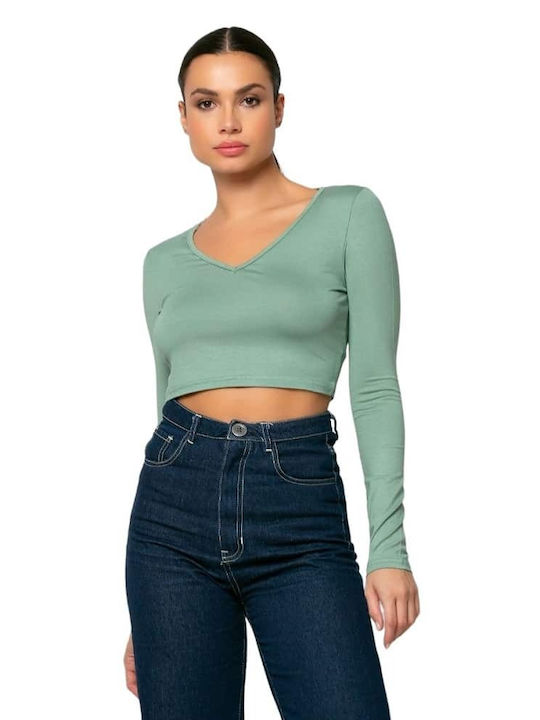 Noobass Damen Crop Top Langarm mit V-Ausschnitt Green.