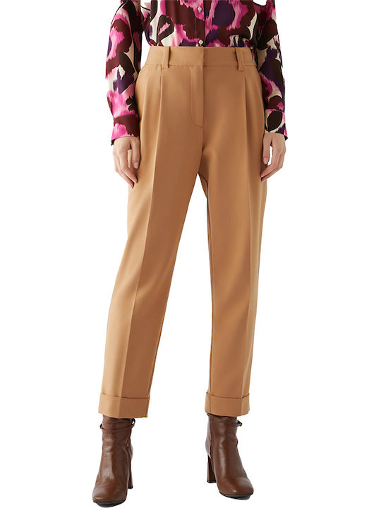 Damen Hoch tailliert Stoff Hose in Karotten Passform Camel.