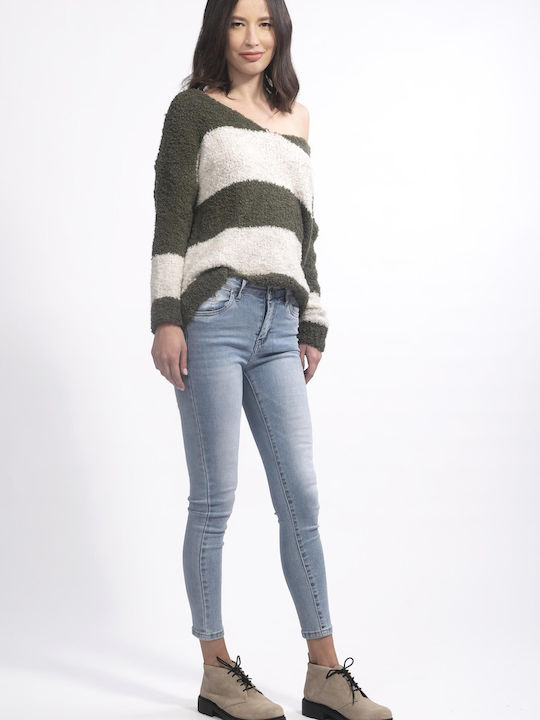 E-shopping Avenue Women's Long Sleeve Sweater with V Neckline Striped Green