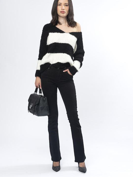 E-shopping Avenue Damen Langarm Pullover mit V-Ausschnitt Gestreift Black