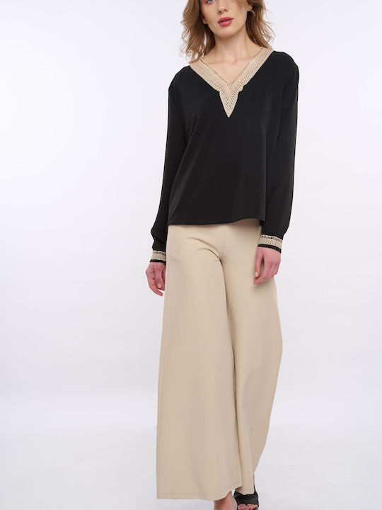 E-shopping Avenue Damen Bluse Langärmelig mit V-Ausschnitt Black