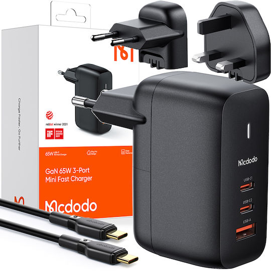 Mcdodo GaN Handyladegerät mit USB-A Ausgangsanschluss und 2 USB-C Ausgangsanschlüsse und Kabel USB-C 65W Stromlieferung Schwarz