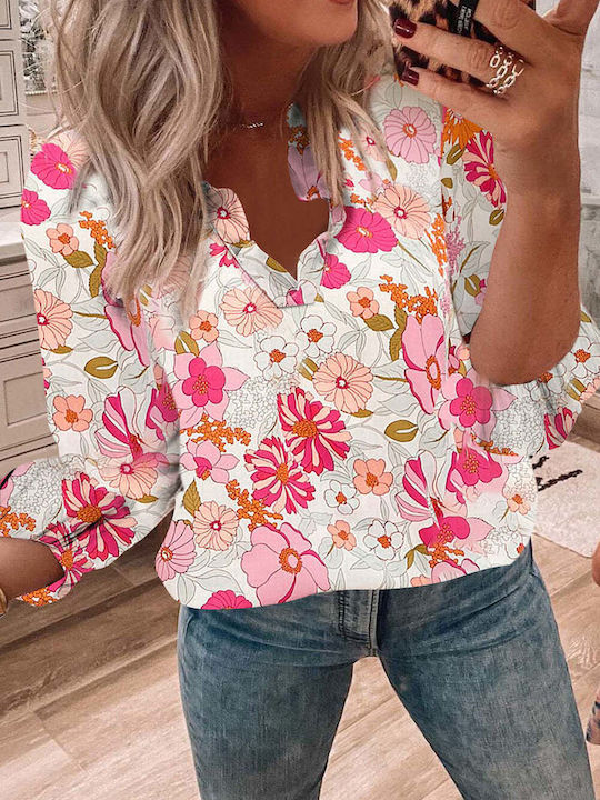 Amely Damen Bluse Langärmelig mit V-Ausschnitt Blumen Weiß