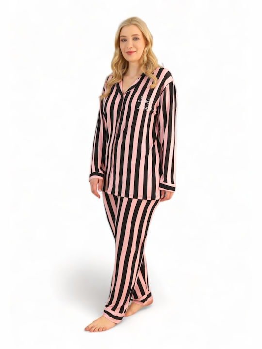 Siyah Inci Winter Women's Pyjama Set Cotton Pink + Black (Pink + Black) Plus Size