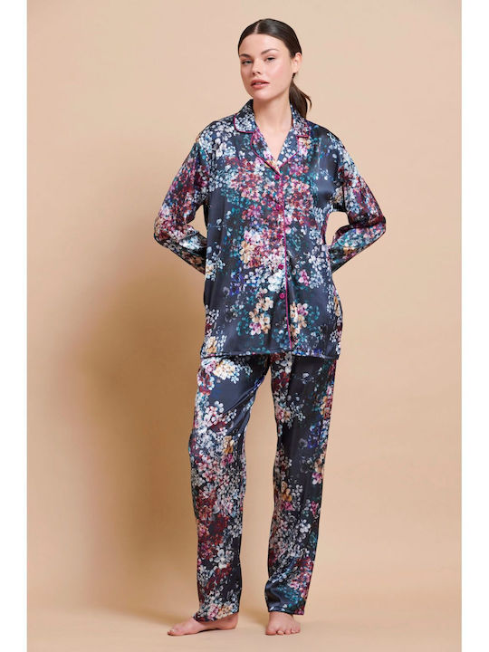 Jeannette Lingerie Winter Women's Pyjama Set Satin Navy Blue