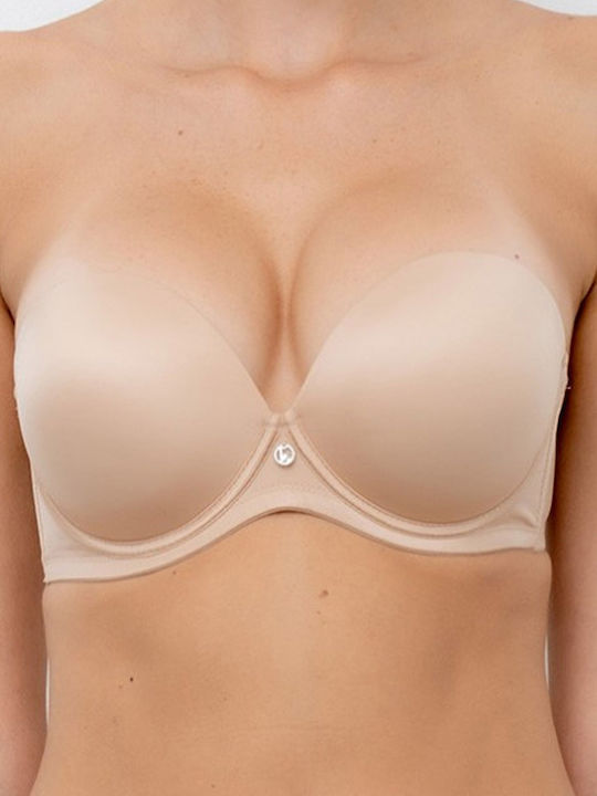 Double Extra Μπεζ Strapless Σουτιέν με Ελαφριά Ενίσχυση